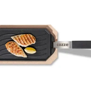 Cozze Gusseisenpfanne mit Bambus Servierbrett, 33 x 16,5 cm Neu